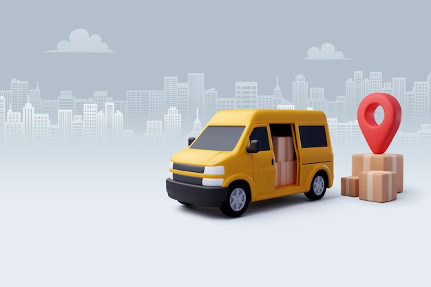 Вектор Трехмерный векторный фургон с доставкой грузов и концепцией онлайн-покупок