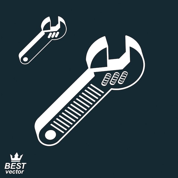 Vector 3d vector detailed adjustable wrench, includes additional version. reparation utensil – dimensional classic spanner. industry conceptual icon, manufacturing web design element.