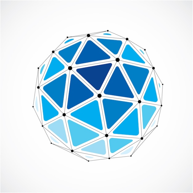 3D-vector digitaal draadframe bolvormig object gemaakt met behulp van driehoekige facetten. Geometrische veelhoekige structuur gemaakt met lijnengaas. Lage polyvorm, blauwe roostervorm voor gebruik in webdesign.