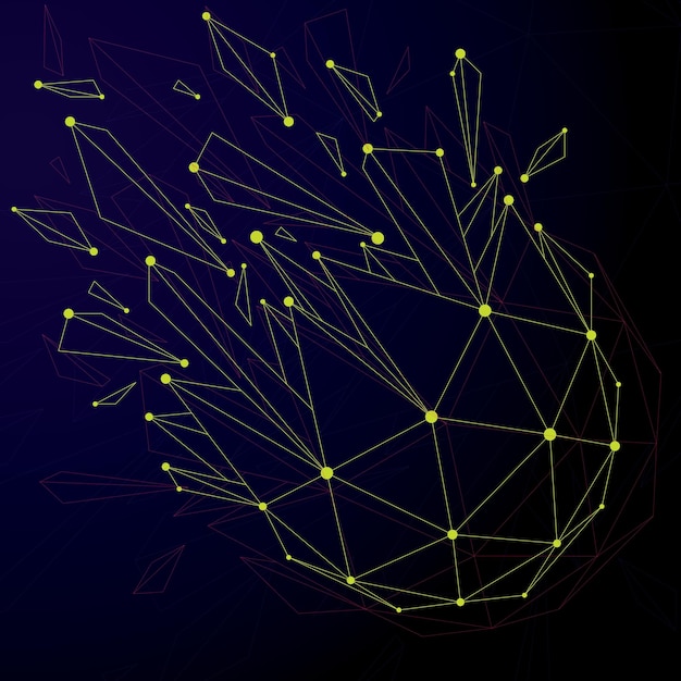 3D-vector digitaal draadframe bolvormig object onderverdeeld in verschillende deeltjes en brekingen, geometrische veelhoekige structuur met lijnengaas. Lage poly verbrijzelde vorm, cyberspace-roostervorm.