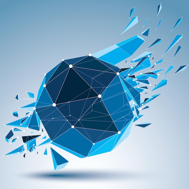 3D-vector digitaal draadframe bolvormig object opgedeeld in verschillende deeltjes en fragmenten, geometrische veelhoekige structuur met witte lijnen mesh. Laag poly helderblauw verbrijzelde vorm, roostervorm.