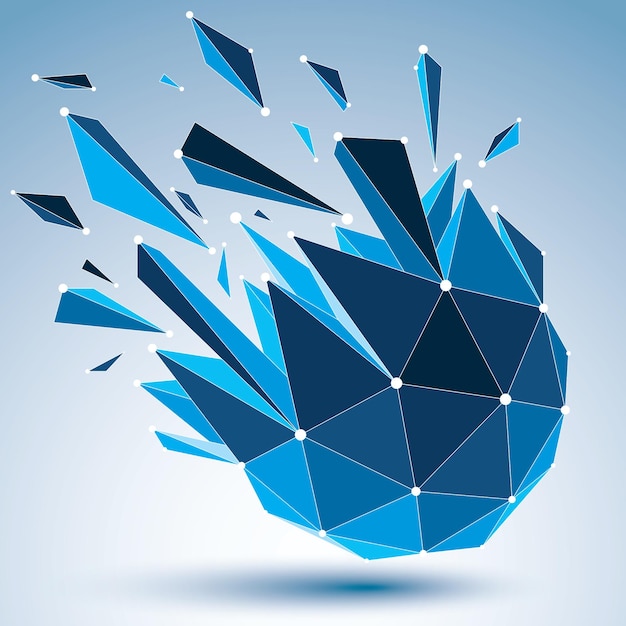 3D-vector digitaal draadframe-object onderverdeeld in verschillende deeltjes en brekingen, geometrische veelhoekige structuur met blauwe lijnen mesh. Lage poly verbrijzelde vorm met lichtgevend effect.