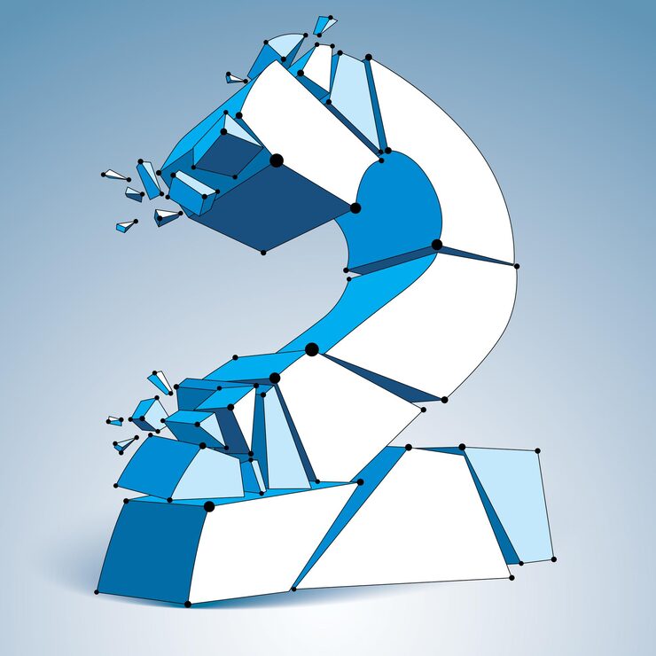 Vector 3d 矢量數碼線框藍色號碼2分解成不同的粒子,幾何多角形編號與線條網格.低聚破碎字體,格子元素.