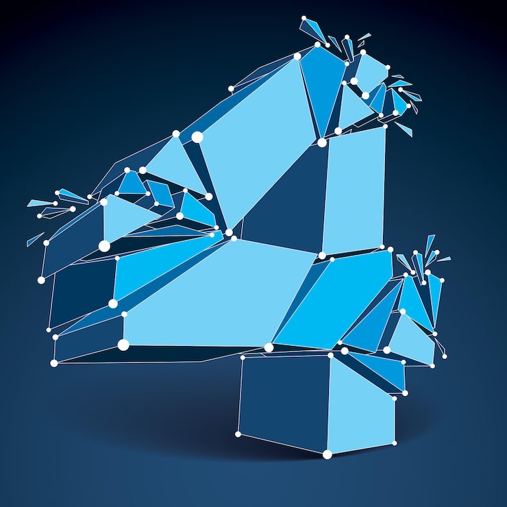 Vector 3d vector digital wireframe number 4 broken into different particles, geometric polygonal numeration with lines mesh. low poly shattered typescript, lattice element.
