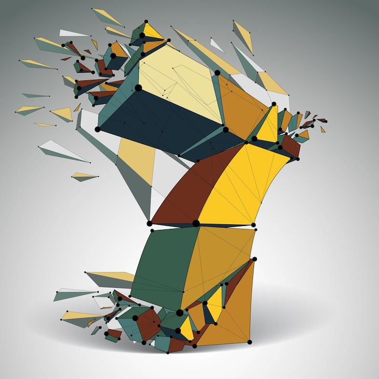 Vector 3d vector digital wireframe number 7 broken into different particles, geometric polygonal numeration with lines mesh. low poly shattered colorful typescript, lattice element.