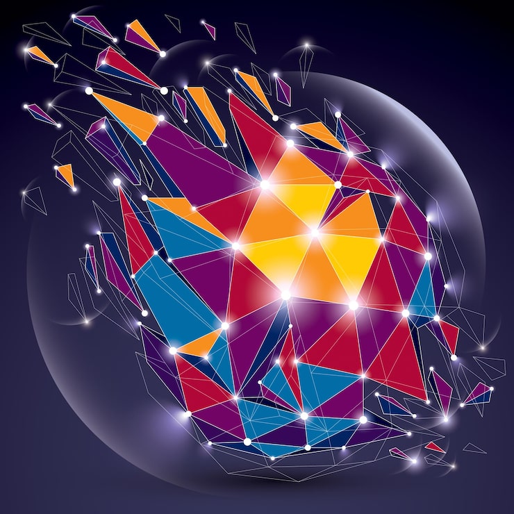 Vector 3d 벡터 디지털 와이어프레임 개체는 다른 입자, 선 메쉬 및 조명 효과가 있는 기하학적 다각형 구조로 나뉩니다. 낮은 폴리 부서진 글로우 모양, 스파클 격자 형태.