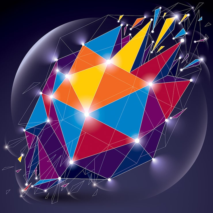 Vector 3d 벡터 디지털 와이어프레임 개체는 다른 입자, 선 메쉬 및 조명 효과가 있는 기하학적 다각형 구조로 나뉩니다. 낮은 폴리 부서진 글로우 모양, 스파클 격자 형태.