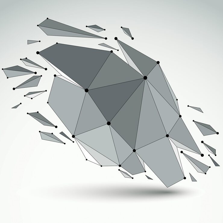 Vector 3d vector digital wireframe object broken into different particles and refractions, geometric polygonal structure with lines mesh. low poly shattered shape, lattice form.