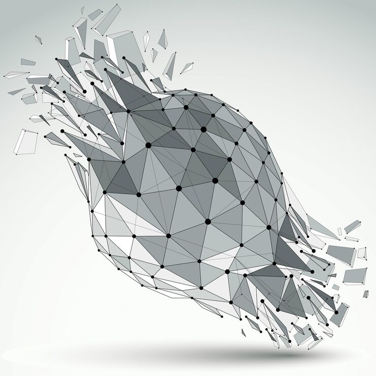 Vector 3d vector digital wireframe object broken into different particles and refractions, geometric polygonal structure with lines mesh. low poly shattered shape, spherical lattice form.