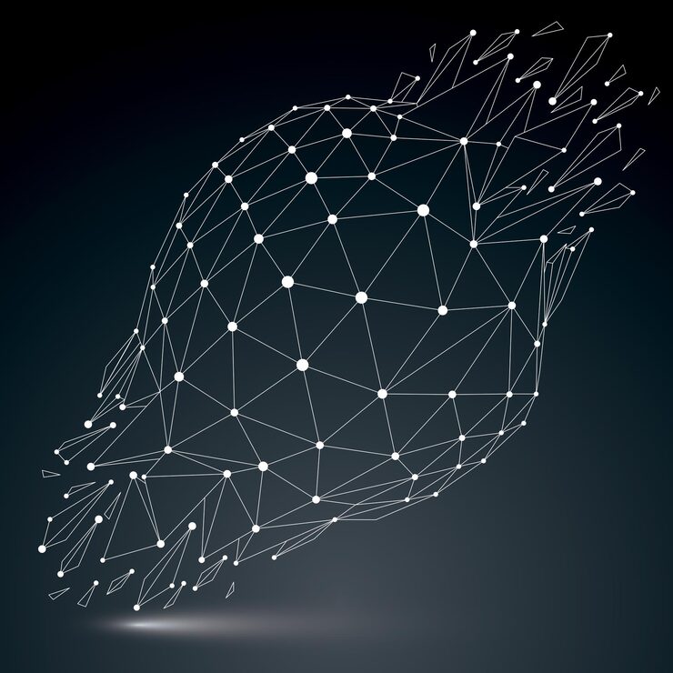 Vector 3d vector digital wireframe object broken into different particles and refractions, geometric polygonal structure with white lines mesh. low poly shattered shape with luminescent effect.