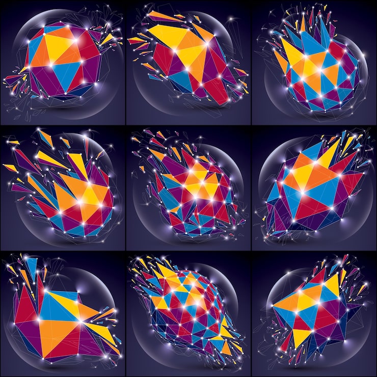 Vector 3d 矢量數碼線框物體分解成不同的粒子,幾何多角形結構有線網和光效應.低聚破碎的光澤形狀,閃格子形式收藏.