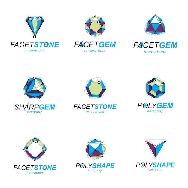 3d vector digital wireframe objects created with lines mesh. Low poly shapes collection, lattice forms. Set of gemstone icons. Graphic design.