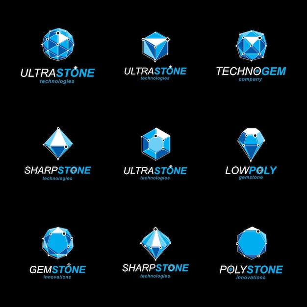 3d vector digital wireframe objects created with lines mesh. low poly shapes collection, lattice forms. set of gemstone icons. graphic design.