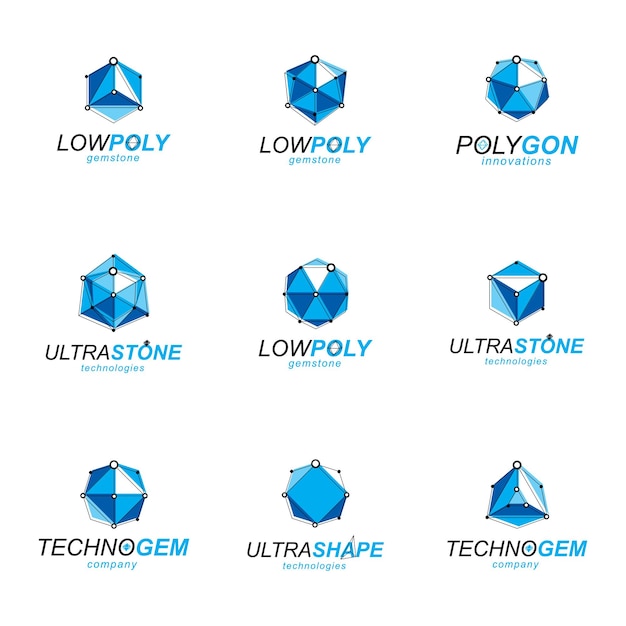 3d vector digital wireframe objects created with lines mesh. low poly shapes collection, lattice forms. set of gemstone icons. graphic design.