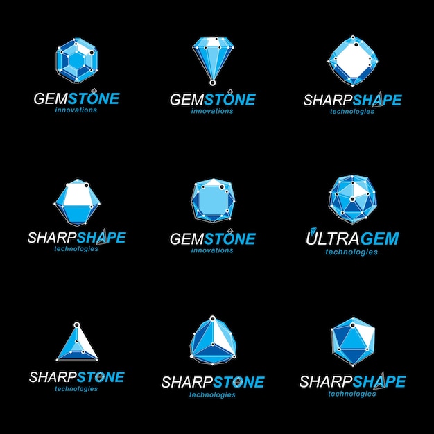 3d vector digital wireframe objects created with lines mesh. Low poly shapes collection, lattice forms. Set of gemstone icons. Graphic design.