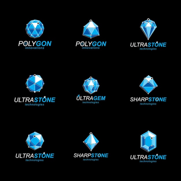 3d vector digital wireframe objects created with lines mesh. Low poly shapes collection, lattice forms. Set of gemstone icons. Graphic design.