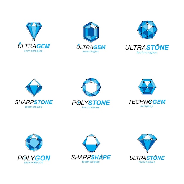 3d vector digital wireframe objects created with lines mesh. Low poly shapes collection, lattice forms. Set of gemstone icons. Graphic design.