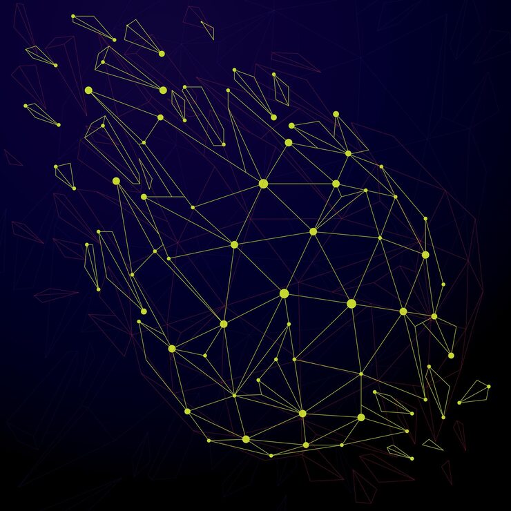 Vector 3d vector digital wireframe spherical object broken into different particles and refractions, geometric polygonal structure with lines mesh. low poly shattered shape, cyberspace lattice form.