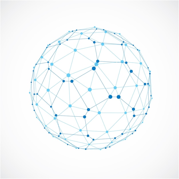 3d vector digital wireframe spherical object made using facets. Geometric polygonal blue ball created with lines mesh and pentagons. Low poly shape, lattice form for use in web design.