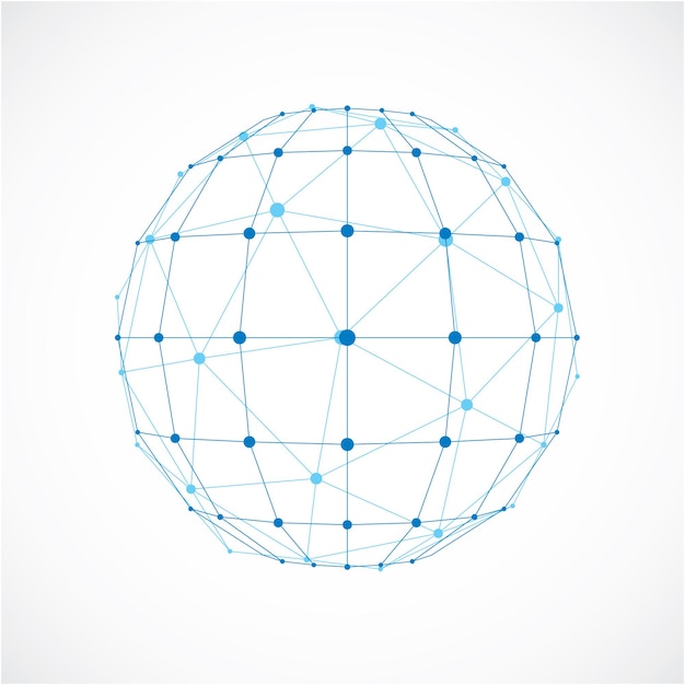 Vector 3d vector digital wireframe spherical object made using facets. geometric polygonal blue ball created with lines mesh and triangles. low poly shape, lattice form for use in web design.