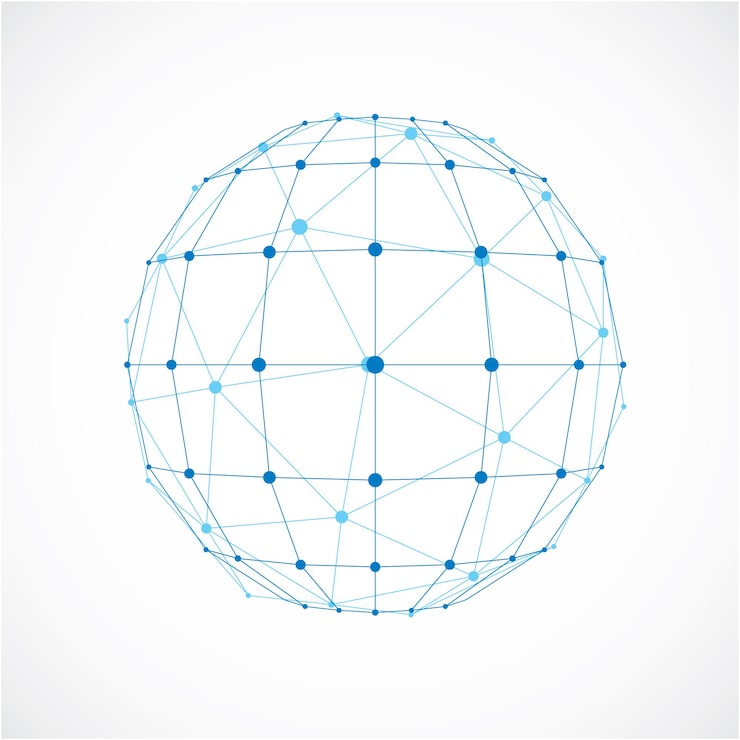 Vector 3d vector digital wireframe spherical object made using facets. geometric polygonal blue ball created with lines mesh and triangles. low poly shape, lattice form for use in web design.