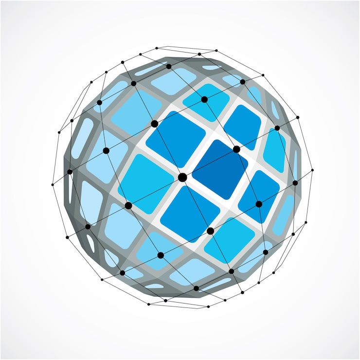 Vector 3d vector digital wireframe spherical object made using facets. geometric polygonal blue structure created with lines mesh and squares. low poly shape, lattice form for use in web design.