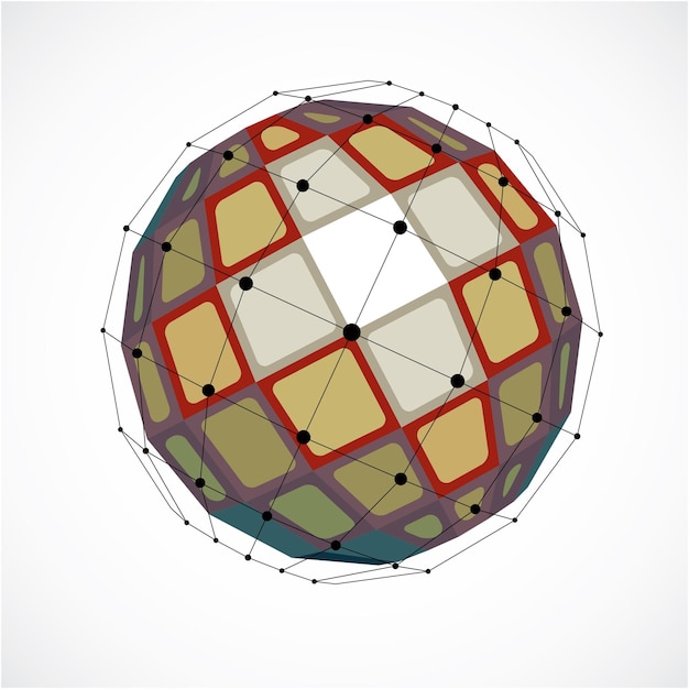 ベクトル ファセットを使用して作成された3dベクトルデジタルワイヤーフレーム球形オブジェクト。線メッシュと正方形で作成された幾何学的な多角形のカラフルな構造。低ポリ形状、ウェブデザインで使用するための格子状。