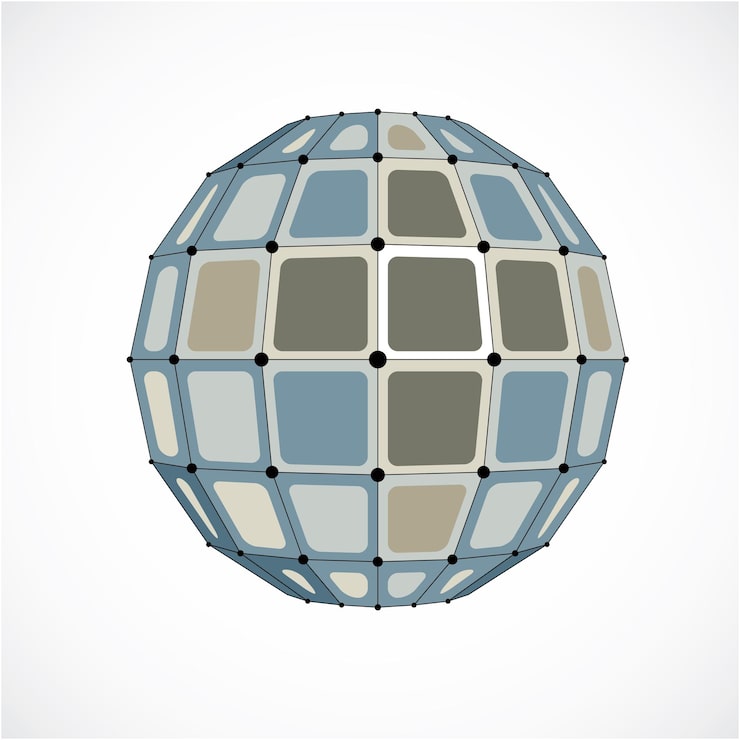 Vector 면을 사용하여 만든 3d 벡터 디지털 와이어프레임 구형 개체입니다. 선 메쉬와 사각형으로 만든 기하학적 다각형 회색 구조. 웹 디자인에 사용하기 위한 낮은 폴리 모양, 격자 형태.