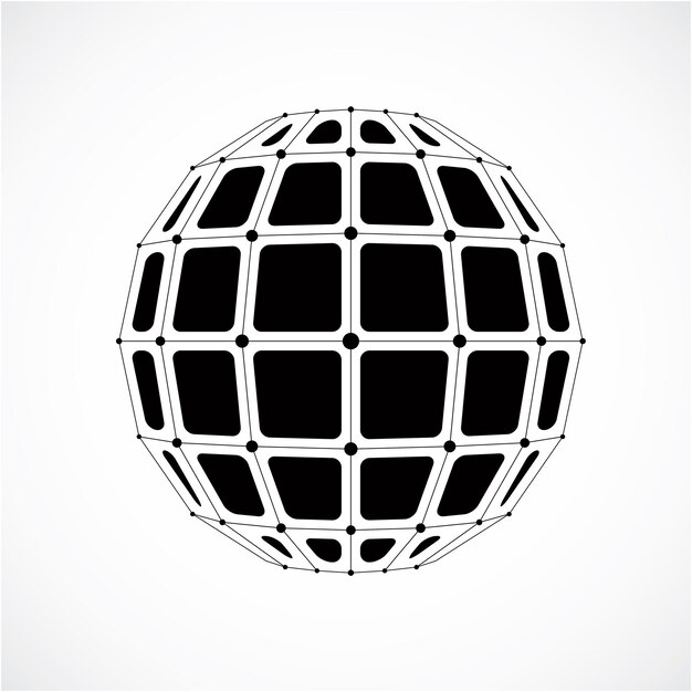 3d vector digital wireframe spherical object made using facets. geometric polygonal gray structure created with lines mesh and squares. low poly shape, lattice form for use in web design.