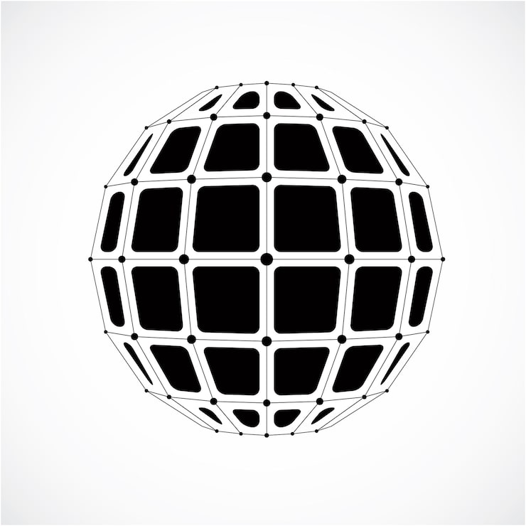 Vector 3d 矢量數碼線框 (wireframe) 是用面板製成的球形物體用線網和方形創造的幾何多角形灰色結構用於網頁設計的低多角形,格子形狀