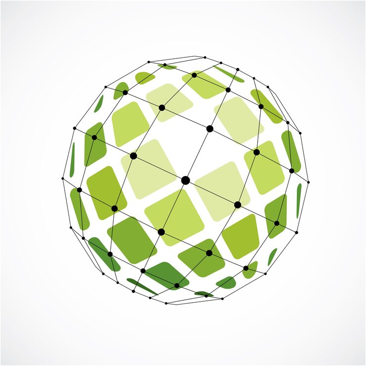 Vector 3d vector digital wireframe spherical object made using facets. geometric polygonal green structure created with lines mesh and squares. low poly shape, lattice form for use in web design.