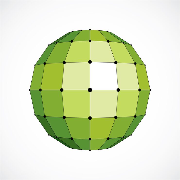 Vector 면을 사용하여 만든 3d 벡터 디지털 와이어프레임 구형 개체입니다. 선 메쉬와 사각형으로 만든 기하학적 다각형 녹색 구조. 웹 디자인에 사용하기 위한 낮은 폴리 모양, 격자 형태.