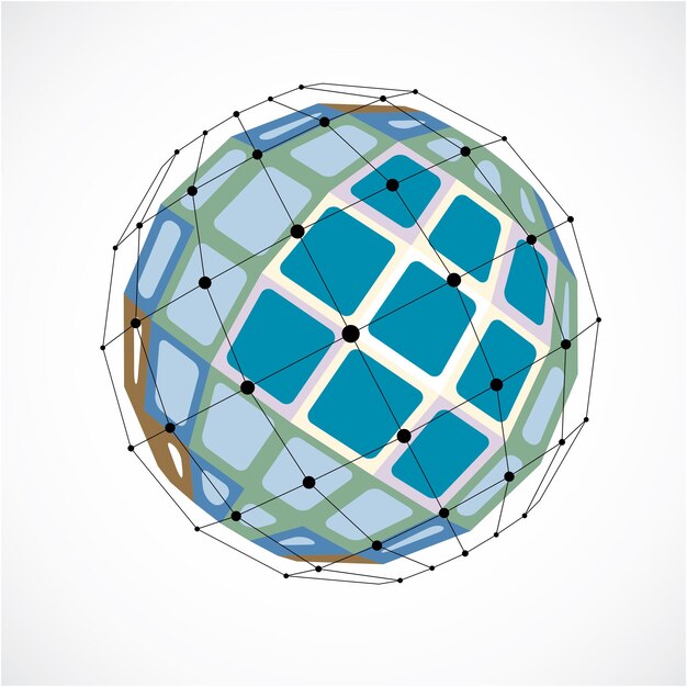 3d vector digital wireframe spherical object made using facets. Geometric polygonal green structure created with lines mesh and squares. Low poly shape, lattice form for use in web design.