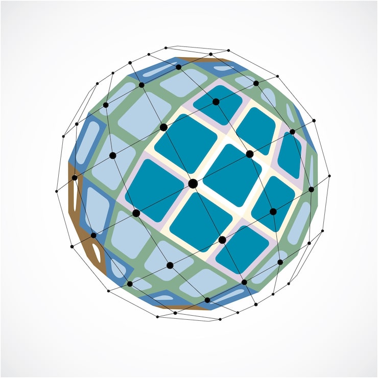 Вектор трехмерный векторный цифровой каркасный сферический объект, выполненный с использованием фасетов. геометрическая многоугольная зеленая структура, созданная сеткой линий и квадратами. низкополигональная форма, форма решетки для использования в веб-дизайне.