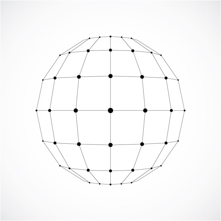 Vector 3d vector digital wireframe spherical object made using facets. geometric polygonal monochrome structure created with lines mesh and squares. low poly shape, lattice form for use in web design.