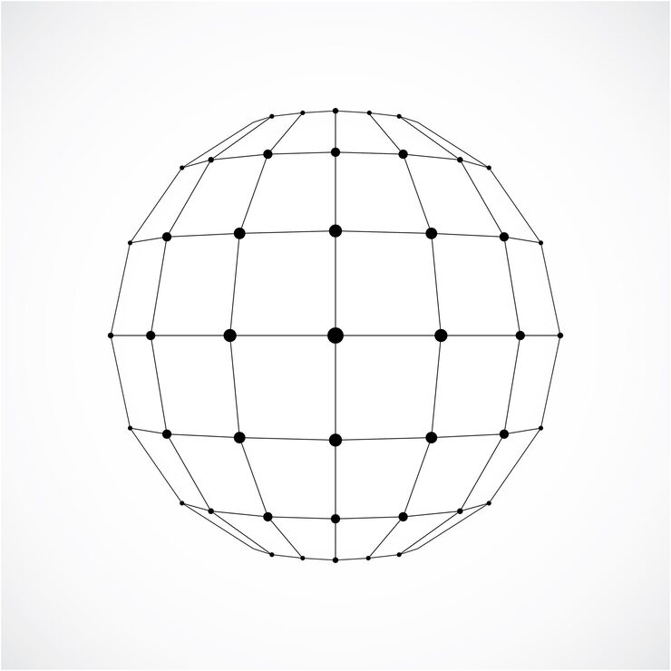 Vector 패싯을 사용하여 만든 3d 벡터 디지털 와이어프레임 구형 개체입니다. 라인 메쉬와 사각형으로 생성된 기하학적 다각형 단색 구조입니다. 낮은 폴리 모양, 웹 디자인에 사용하기 위한 격자 형태.