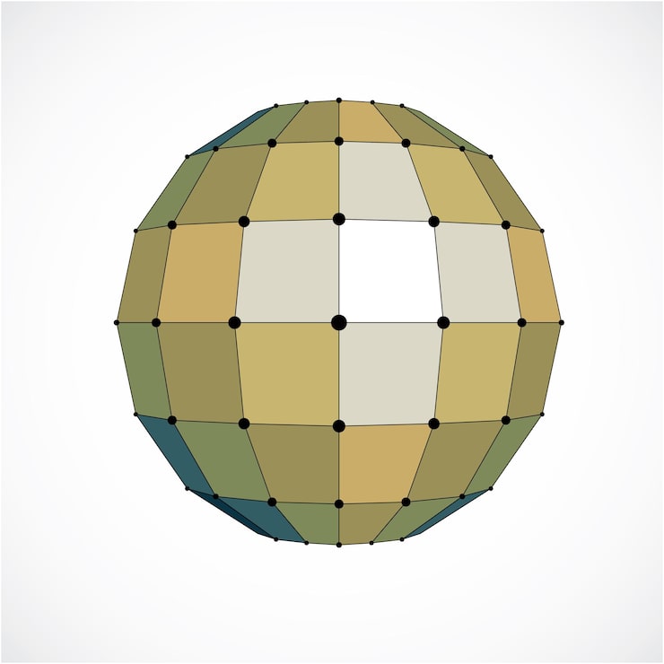 Vector 패싯을 사용하여 만든 3d 벡터 디지털 와이어프레임 구형 개체입니다. 라인 메쉬와 사각형으로 생성된 기하학적 다각형 노란색 구조입니다. 낮은 폴리 모양, 웹 디자인에 사용하기 위한 격자 형태.