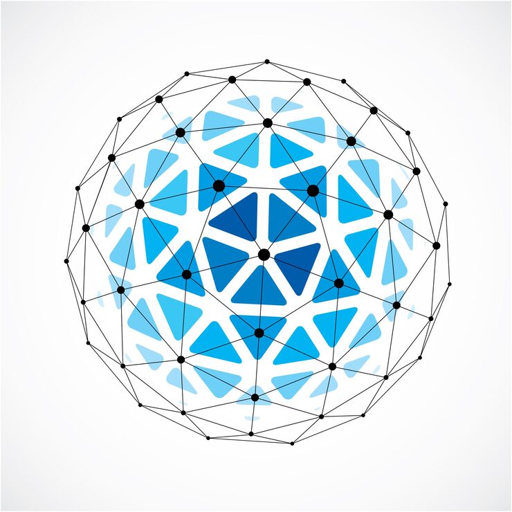 Vector 삼각형 면을 사용하여 만든 3d 벡터 디지털 와이어프레임 구형 개체입니다. 라인 메쉬로 생성된 기하학적 다각형 구조. 웹 디자인에 사용하기 위한 낮은 폴리 모양, 파란색 격자 형태.