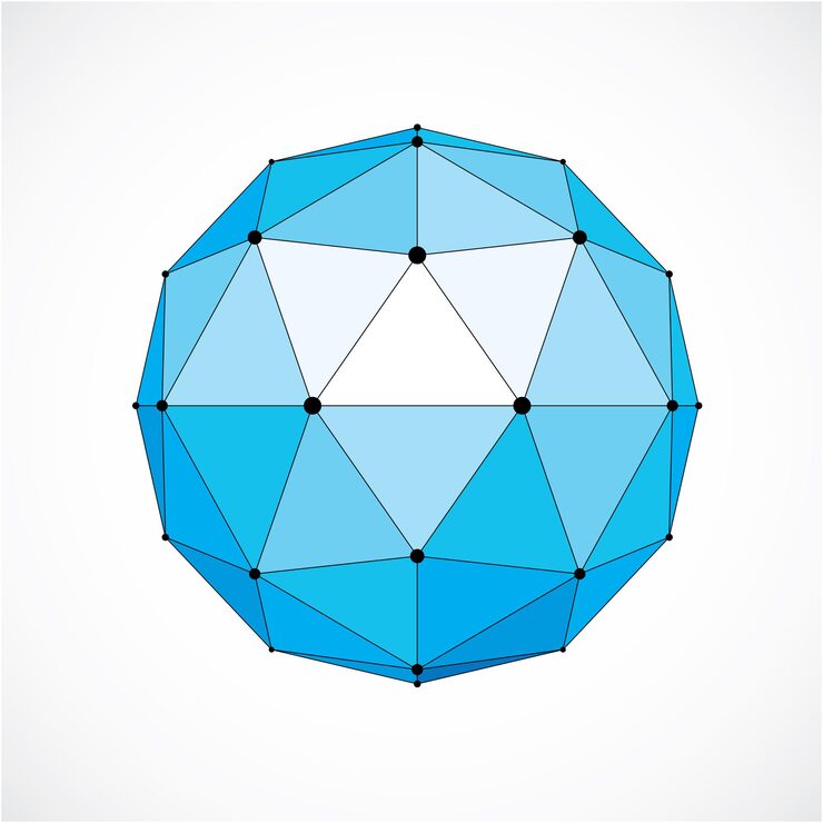 Vector 삼각형 면을 사용하여 만든 3d 벡터 디지털 와이어프레임 구형 개체입니다. 라인 메쉬로 생성된 기하학적 다각형 구조. 웹 디자인에 사용하기 위한 낮은 폴리 모양, 파란색 격자 형태.