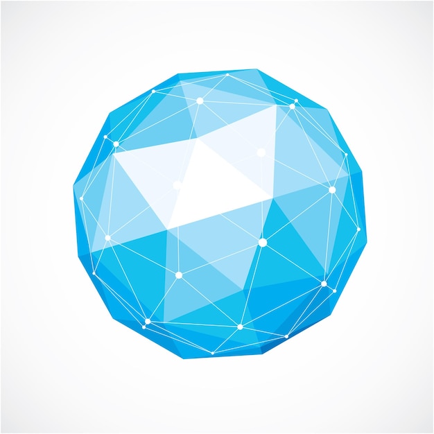 3d vector digital wireframe spherical object made using triangular facets. Geometric polygonal structure created with lines mesh. Low poly shape, blue lattice form for use in web design.