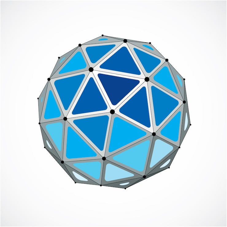 Vector 3d vector digital wireframe spherical object made using triangular facets. geometric polygonal structure created with lines mesh. low poly shape, blue lattice form for use in web design.