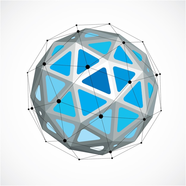 3d vector digital wireframe spherical object made using triangular facets. Geometric polygonal structure created with lines mesh. Low poly shape, blue lattice form for use in web design.