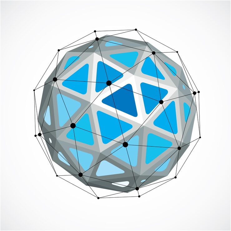 Vector 3d vector digital wireframe spherical object made using triangular facets. geometric polygonal structure created with lines mesh. low poly shape, blue lattice form for use in web design.