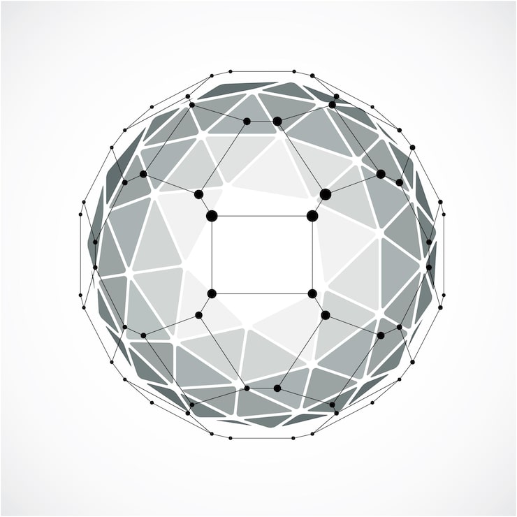 Vector 3d vector digital wireframe spherical object made using triangular facets. geometric polygonal structure created with lines mesh. low poly shape, gray lattice form for use in web design.