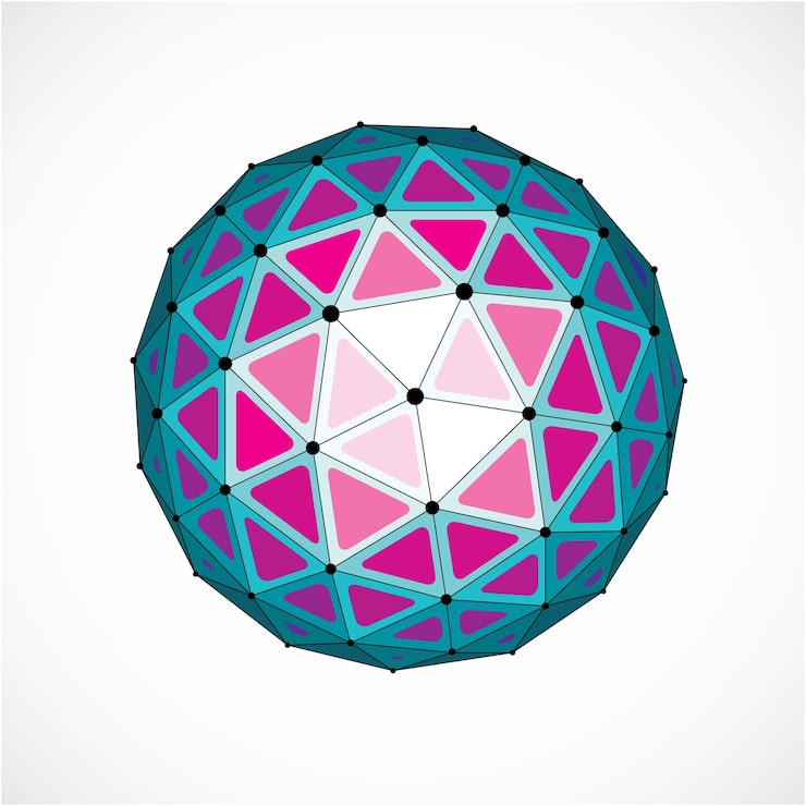 Vector 삼각형 면을 사용하여 만든 3d 벡터 디지털 와이어프레임 구형 개체입니다. 라인 메쉬로 생성된 기하학적 다각형 구조. 웹 디자인에 사용하기 위한 낮은 폴리 모양, 자주색 격자 형태.