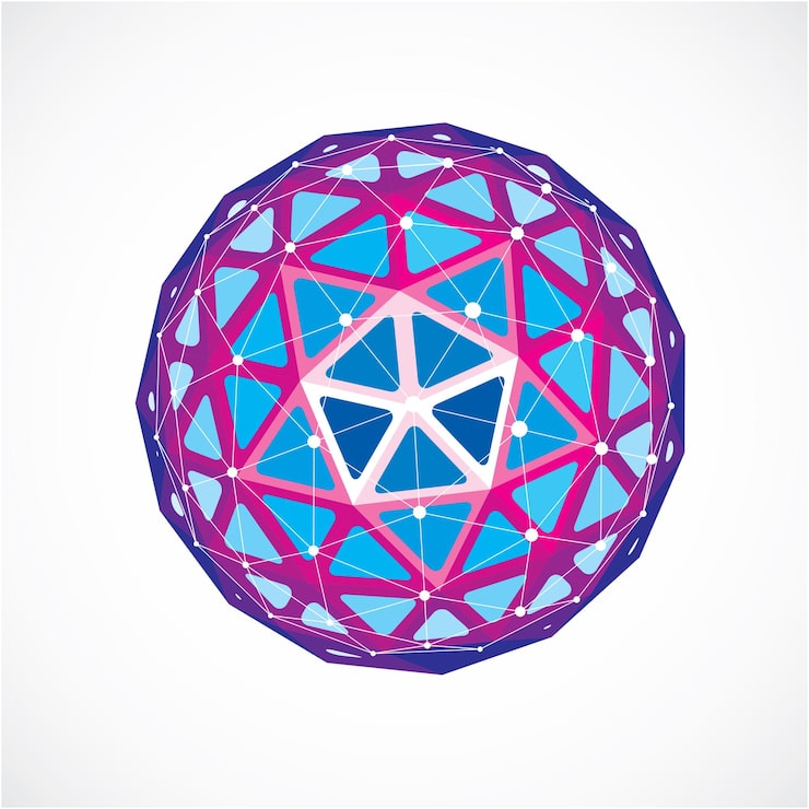Vector 3d vector digital wireframe spherical object made using triangular facets. geometric polygonal structure created with lines mesh. low poly shape, purple lattice form for use in web design.