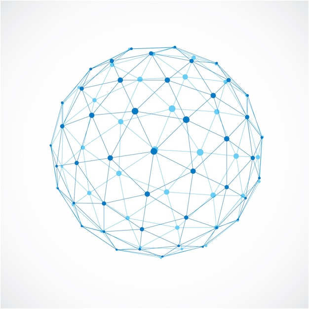 Трехмерный векторный цифровой каркасный сферический объект, выполненный с использованием треугольных граней. Геометрическая многоугольная структура, созданная сеткой прозрачных линий. Низкополигональная форма, форма решетки для использования в веб-дизайне.