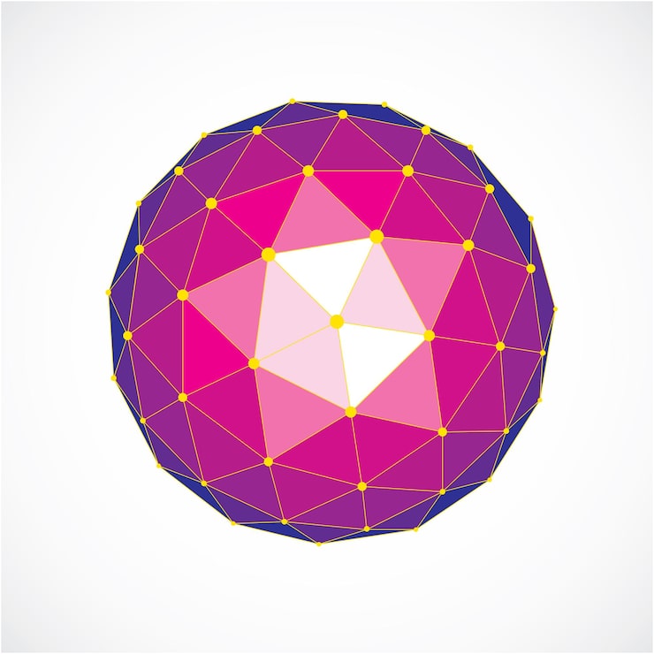Vector 3d vector digital wireframe spherical object made using triangular facets. geometric polygonal structure created with yellow lines mesh. low poly shape, purple lattice form for use in web design.