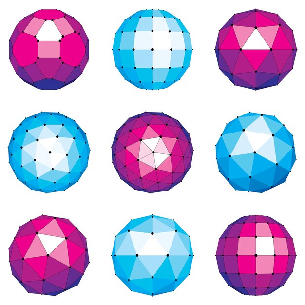 3d vector digital wireframe spherical objects made using different geometric facets. Polygonal orbs created with lines mesh. Low poly shapes collection, lattice forms for use in web design.