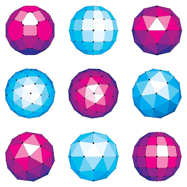 Vector 3d vector digital wireframe spherical objects made using different geometric facets. polygonal orbs created with lines mesh. low poly shapes collection, lattice forms for use in web design.
